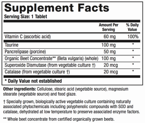 Digestive Enzyme 1 with Pancreatic Support Dietary Supplement supports both healthy bile flow, and the normal bile acid-to-cholesterol conversion. It contains both digestive and antioxidant enzymes, along with Taurine and organic beet concentrate. Helps metabolize toxins which can be reduced by MTHFR mutation.  Contains 180 Tablets.