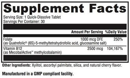 Chewable fast-acting folate and B12, methylated specifically for use with MTHFR mutations.  Fast acting and great to keep in your bag for quick relief.